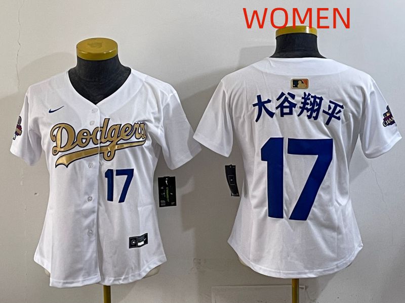 Women Los Angeles Dodgers #17 Ohtani White Champion edition Nike MLB Jersey style 004->women mlb jersey->Women Jersey